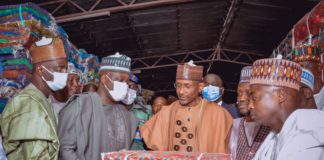 (3rd Left) The Representative of the Honourable Minster of Humanitarian Affairs, Disaster Management and Social Development, Sadiya Umar Farouq, the Permanent Secretary of the Ministry, Bashir Nura Alkali, (2nd Left) The Representative of the Governor of Borno State, the Deputy Governor of the State, His Excellency Umar Usman Kadafur, (1st Left) Director Humanitarian Affairs, Grema Ali Alhaji, and others, during Hand-over of Recovery Needs Items for IDP's. On 30th March, 2022. In Maiduguri.