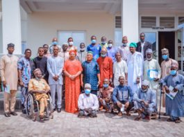 (2nd Row) (5th Left) The Representative of the Honourable Minster, Federal Ministry of Humanitarian Affairs Disaster Management and Social Development, Sadiya Umar Farouq, Director Special Needs Nkechi Onwukwe, (4th Left) Representative of the Permanent Secretary of the Ministry, David Onah, (6th Left) Representative of the Honourable Commissioner, Federal Ministry of Women Affairs and Social Development, Acting Permanent Secretary, Aleni Emmanuel Allenclay, (3rd Right) Consultant Bengner Engineering Ltd, Lanre Oloruntobe, and others, during the opening of the 3-day Capacity Building Worshop for Identified Local Producers of Assistive Technologies in the 36 States and FCT. On the 5th April, 2022. In Lokoja.