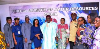 The Honorable Minister of Water Resources Engr Suleiman Adamu, flanked by the Permanent Secretary Mrs Didi Walson-Jack mni and some members of the planning committee who attended the inauguration physically. Other members joined virtually through zoom