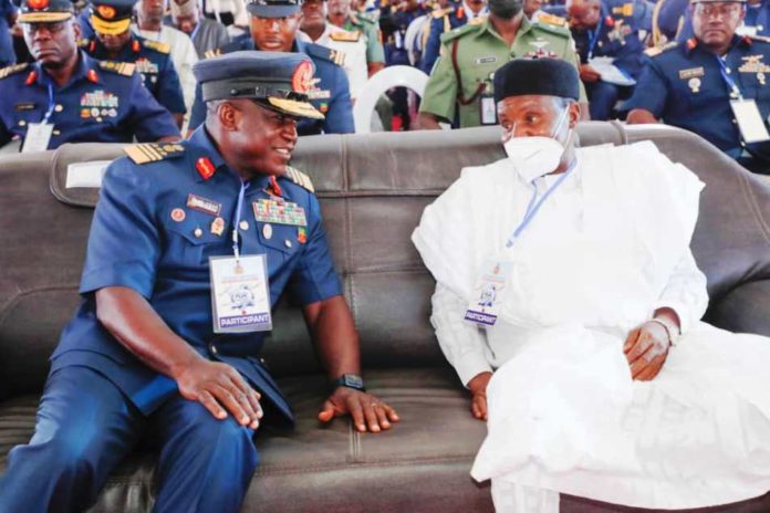 58th anniversary of the Nigerian Air Force Minister of Defence Major General Bashir Salihi Magashi (Rtd) with the Chief of Air Staff, Air Marshall Oaldayo Amao at the opening ceremony of the 58th anniversary of the Nigerian Air Force held in Kano