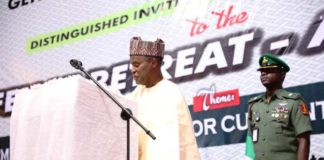 Minister of Defence, Maj Gen Bashir Salihi Magashi speaking at the Defence Retreat in Asaba, Delta State