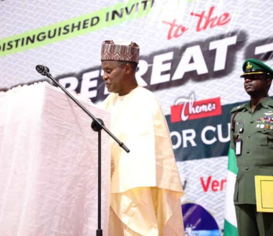 Minister of Defence, Maj Gen Bashir Salihi Magashi speaking at the Defence Retreat in Asaba, Delta State