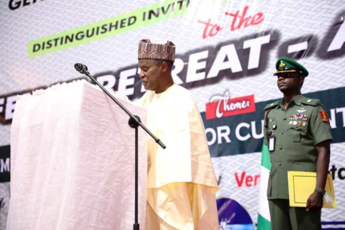 Minister of Defence, Maj Gen Bashir Salihi Magashi speaking at the Defence Retreat in Asaba, Delta State