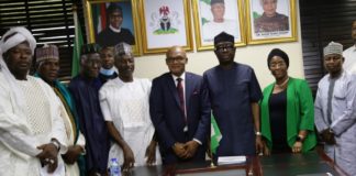 Minister of Industry, Trade and Investment, Otunba Richard Adeniyi Adebayo CON ( 3rd right),Permanent Secretary, Dr. Evelyn Ngige (2nd right), Rep. of the Chairman of the Committee, Irimiya Kaura, Alternate Chairman, Capt. John Okakpu, (4th right) and other members of the committee during the inauguration ceremony in Abuja.