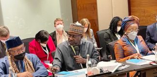 he Honourable Minister of Water Resources Engr Suleiman H Adamu, flanked by the Honourable Minister of Health Dr Osagie Ehanire (L) and the Honourable Minister of State for Environment Mrs Sharon Ikeazor (R) and other participants at the SMM in Jakarta Indonesia on Wednesday 18th May 2022.