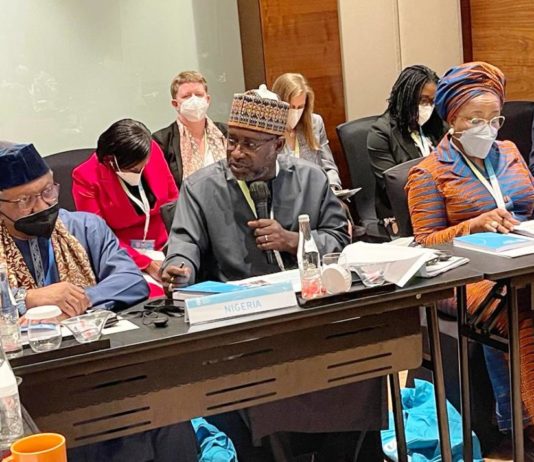 he Honourable Minister of Water Resources Engr Suleiman H Adamu, flanked by the Honourable Minister of Health Dr Osagie Ehanire (L) and the Honourable Minister of State for Environment Mrs Sharon Ikeazor (R) and other participants at the SMM in Jakarta Indonesia on Wednesday 18th May 2022.