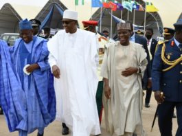 President Muhammadu Buhari (2nd Left), Governor of Kano State, Abdullahi Ganduje(L), Minister of Defence Maj Gen Bashir Salihi Magashi (2nd Right) and Chief of Air Staff, Air Marshal Oladayo Amao (R) at the Nigerian Air Force at 58 Celebration in Kano.