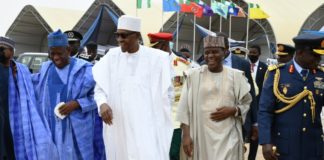 President Muhammadu Buhari (2nd Left), Governor of Kano State, Abdullahi Ganduje(L), Minister of Defence Maj Gen Bashir Salihi Magashi (2nd Right) and Chief of Air Staff, Air Marshal Oladayo Amao (R) at the Nigerian Air Force at 58 Celebration in Kano.