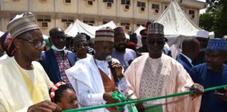 From Left to Right, the Kaduna State, Commissioner of Agriculture, Alhaji Ibrahim Hossaini, Hon.Minister of Agriculture and Rural Development, Dr. Mohammad Mahmood Abubakar (Centre), Director, Federal Department of Agriculture, Engr Abdullahi Abubakar, during the Flag off ceremony in Kaduna State.