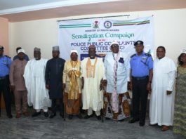 L-R shows: Deputy Chairman, National Youth Council of Nigeria, Cross River Chapter, Engineer Joel Henshaw; Senior Special Assistant(HM), Mahe Harande; Permanent Secretary, Mr. Temitope Fashedemi; Representative of Obong of Calabar, His Highness, Chief (Barr), Emmanuel Edem Bassey Duke; Minister of Police Affairs, Dr. Muhammad Maigari Dingyadi; Representative of Obong of Calabar, Chief (Dr) Emmanuel Ekpo Archibong; AIG Zone 6, AIG Kamorundeen Okunlola; Secretary, Cristian Association of Nigeria (CAN), Cross River State, Rev. (Dr.) Emmanuel Orok Duke and Director, Police Inspectorate Department (PID), Mrs. Mary Eleojo Akpan during sensitization campaign on the Police Public Complaints Committee (PPCC) activities for the South-South zone held at the Adsuits Hotel, Calabar, Cross Rivers state.