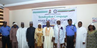 L-R shows: Deputy Chairman, National Youth Council of Nigeria, Cross River Chapter, Engineer Joel Henshaw; Senior Special Assistant(HM), Mahe Harande; Permanent Secretary, Mr. Temitope Fashedemi; Representative of Obong of Calabar, His Highness, Chief (Barr), Emmanuel Edem Bassey Duke; Minister of Police Affairs, Dr. Muhammad Maigari Dingyadi; Representative of Obong of Calabar, Chief (Dr) Emmanuel Ekpo Archibong; AIG Zone 6, AIG Kamorundeen Okunlola; Secretary, Cristian Association of Nigeria (CAN), Cross River State, Rev. (Dr.) Emmanuel Orok Duke and Director, Police Inspectorate Department (PID), Mrs. Mary Eleojo Akpan during sensitization campaign on the Police Public Complaints Committee (PPCC) activities for the South-South zone held at the Adsuits Hotel, Calabar, Cross Rivers state.