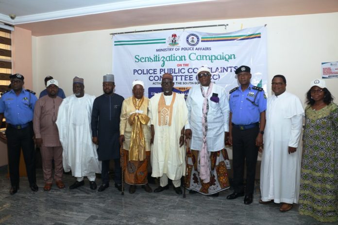 L-R shows: Deputy Chairman, National Youth Council of Nigeria, Cross River Chapter, Engineer Joel Henshaw; Senior Special Assistant(HM), Mahe Harande; Permanent Secretary, Mr. Temitope Fashedemi; Representative of Obong of Calabar, His Highness, Chief (Barr), Emmanuel Edem Bassey Duke; Minister of Police Affairs, Dr. Muhammad Maigari Dingyadi; Representative of Obong of Calabar, Chief (Dr) Emmanuel Ekpo Archibong; AIG Zone 6, AIG Kamorundeen Okunlola; Secretary, Cristian Association of Nigeria (CAN), Cross River State, Rev. (Dr.) Emmanuel Orok Duke and Director, Police Inspectorate Department (PID), Mrs. Mary Eleojo Akpan during sensitization campaign on the Police Public Complaints Committee (PPCC) activities for the South-South zone held at the Adsuits Hotel, Calabar, Cross Rivers state.