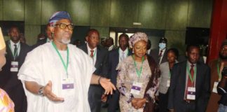 The Minister of Mines and Steel Development, Arc. Olamilekan Adegbite (left), the Permanent Secretary, Ministry of Mines and Steel Development, Dr. (Mrs) Oluwatoyin Akinlade (right) during the Opening Ceremony of the First Nigeria- Africa Natural Resources and Energy Investment Summit (NAFNIS) held in Abuja on Wednesday, 1st June 2022.
