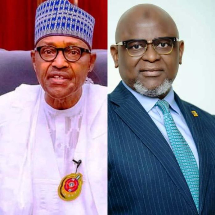 PRESIDENT BUHARI GREETS ADEDUNTAN, FIRST BANK MD ON HONOR BY CRANFIELD UNIVERSITY