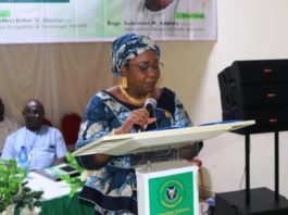 he Permanent Secretary Federal Ministry of Water Resources Mrs Didi Walson-Jack mni and Representative of the Honourable Minister, reading the keynote address at the WUA Workshop