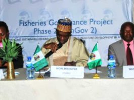 L-R, The European Union Representative, Eulade Mboeye, Minister of Agriculture and Rural Development ,Dr. Mohammad Abubakar and the Acting Director, AU-IBAR, Dr. Nick Nwankpa , during the closing ceremony of the Second Dialogue and Sensitization Meeting on Fisheries Governance Project (FISHGOV 2)