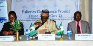 L-R, The European Union Representative, Eulade Mboeye, Minister of Agriculture and Rural Development ,Dr. Mohammad Abubakar and the Acting Director, AU-IBAR, Dr. Nick Nwankpa , during the closing ceremony of the Second Dialogue and Sensitization Meeting on Fisheries Governance Project (FISHGOV 2)