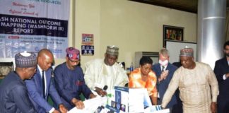 Unveiling of the WASHNORM Report by the Honourable Minister of Water Resources Engr Suleiman H. Adamu FNSE FAeng,( 4th from left),flanked by the Permanent Secretary Mrs Didi Walson-Jack mni(3rd from Right), the Honourable Minister of State for Health,Dr Olorunibe Mamora(3rd left), the Statistician of the Federation Mr Semiyu Adeniran(2nd left), the UNICEF Country Representative Mr Peter Hawkins (2nd right), Engr Danjuma Madaki Director of Water Supply (Left) and Mr Emmanuel Awe, Director Water Quality and Sanitation Control