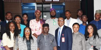 Representative of the Permanent Secretary Federal Ministry Science, Technology and Innovation (FMSTI)/ Director Environmental Sciences and Technology (EST) Department, Federal Ministry of Science, Technology and Innovation (FMSTI) Dr. Peter Ekweozoh (3rd left), Senior Lecturer, Department of Chemistry, Group Lead, Air Quality Monitoring Research Group, University of Lagos, Dr. Rose Alani (2nd left), Technical Assistant (TA) to the Permanent Secretary Dr. Patricks Oshuma (3rd right), SA Technical to the Permanent Secretary Dr. John- John (2nd right), and other Participants in a group photograph During Seminar/Workshop For the Evidence Use in Environmental Policymaking in Nigeria (EUEPiN) Project. Theme: Promotion of Internet of Things (IoT) Use in Air Quality Monitoring and Technology Transfer in Diverse Areas towards Smart City Realization in Nigeria.