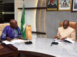 (L-R),The National President, CPFAN, Chief Ayodele Ojo and Minister of Agriculture and Rural Development, Dr. Mohammad Mahmood Abubakar, during the courtesy visit in the Minister's Conference Room