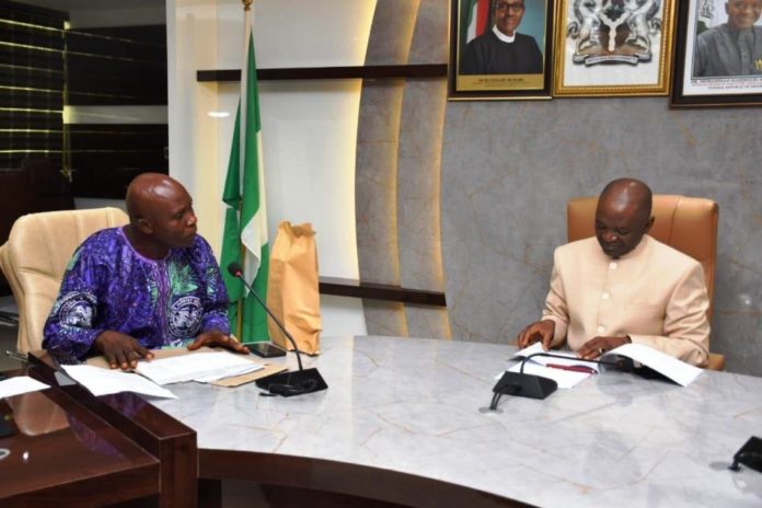 courtesy visit (L-R),The National President, CPFAN, Chief Ayodele Ojo and Minister of Agriculture and Rural Development, Dr. Mohammad Mahmood Abubakar, during the courtesy visit in the Minister's Conference Room