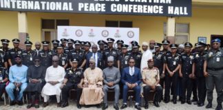 2nd L-R Chief Executive Officer, (POSSAP Solutions Ltd), Dr. David Ibhawoh , Chairman, Mohammed Ciroma; Inspector General of Police, IGP Alkali Baba Usman; Minister of Police Affairs, Dr. Mohammad Maigari Dingyadi, Permanent Secretary; Temitope Fashedemi and Police Management team/AIGs from Zones during the launch of Police Specialized Services Automation Project (POSSAP) at the International Peace Conference Hall, Nigeria Police Force Headquarters in Abuja