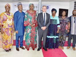Permanent Secretary, Federal Ministry of Labour and Employment, Kachillom S. Daju, mni (4th left); GIZ representative, Markus Wauschkuhn (5th left); Deputy Director, Labour, Emmanuel Igbinosun (3rd left) with other guests at the graduation of 60 trainees at AFS Vocational Hub, in Abuja