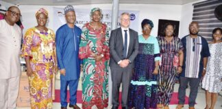 Permanent Secretary, Federal Ministry of Labour and Employment, Kachillom S. Daju, mni (4th left); GIZ representative, Markus Wauschkuhn (5th left); Deputy Director, Labour, Emmanuel Igbinosun (3rd left) with other guests at the graduation of 60 trainees at AFS Vocational Hub, in Abuja