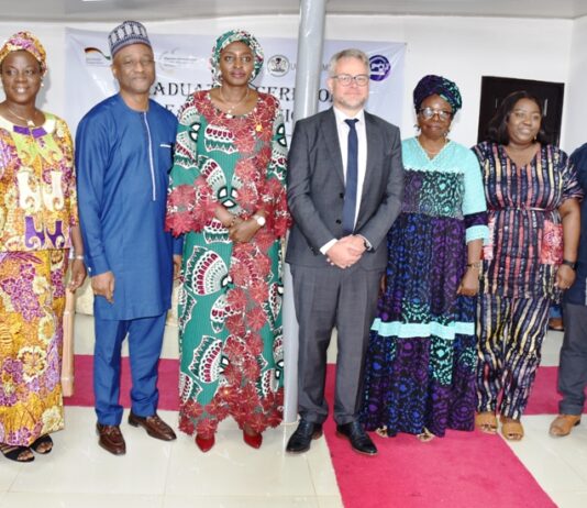 Permanent Secretary, Federal Ministry of Labour and Employment, Kachillom S. Daju, mni (4th left); GIZ representative, Markus Wauschkuhn (5th left); Deputy Director, Labour, Emmanuel Igbinosun (3rd left) with other guests at the graduation of 60 trainees at AFS Vocational Hub, in Abuja