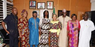 Permanent Secretary, Labour and Employment, Ms Kachollom S. Daju, mni (5th right); Chairman, Alumni Association of National Institute of Policy and Strategic Studies, Abuja Chapter, Dr Omobolanle Olowu, mni (4th right) with other executive members at the visit of the Association to the Permanent Secretary – Abuja