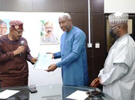 (Left) HMSTI Dr. Olorunnimbe Mamora (Center) HMSH Hon. Ekumankama Joseph Nkama (Right) PSH. Mahmuda Mamman