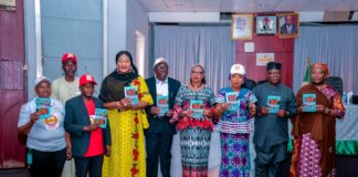 (5th Right) The Representative of the Permanent Secretary, Federal Ministry of Humanitarian Affairs, Disaster Management and Social Development, Dr. Nasir Sani-Gwarzo,mni,NPOM, Director Reform Coordinator & Service Improvement, Valentine Ezulu, (3rd Right) CEO SERVICOM Nnenna Akajimeli, (3rd Right) Head Operation SERVICOM, Mrs Jummai Abdullahi, (4th Right) Director Special Needs, Nkechi Onwukwe, (2nd Right) Deputy Director Social Development, Suleiman Ckokudo (1st Left) Deputy Director, General Service, Oruche Eucheria, and others during the Launch of SERVICOM Charter in FMHADMSD, on 28th July, 2022. in Abuja