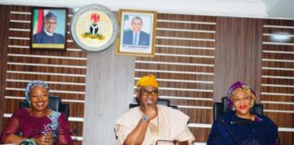 The Minister of Mines and Steel Development Arc. Olamilekan Adegbite (middle), Minister of State, Senator Gbemisola Saraki, (right) and the Permanent Secretary, Dr. Oluwatoyin Akinlade (left) during the Inauguration of the Ministerial Committee on the Implementation Strategies for the Nigerian Barite held at the Ministry's Headquarters on Thursday July 14th, 2022 in Abuja.