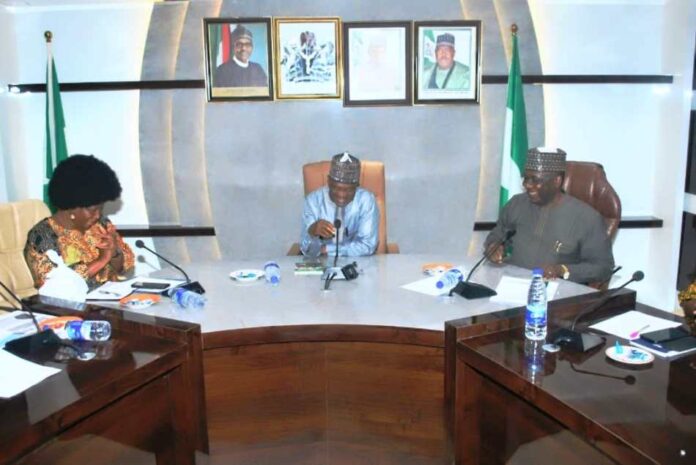 National Gender Steering Committee L - R, The Actionaid Country Director, Ms. Ene Obi, Minister of Agriculture and Rural Development, Dr. Mohammad Mahmood Abubakar and Permanent Secretary, FMARD, Dr. Ernest Umakhihe, during the courtesy visit by the National Gender Steering Committee in Abuja.