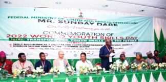 Representative of the Honourable Minister of Youth and Sports Development and Director; Enterprise Development and Promotion Department (EDP), Mr. Olugbenga Momoh addressing Nigerian Youth at the 2022 World Youth Skills Day held in Abuja over the weekend
