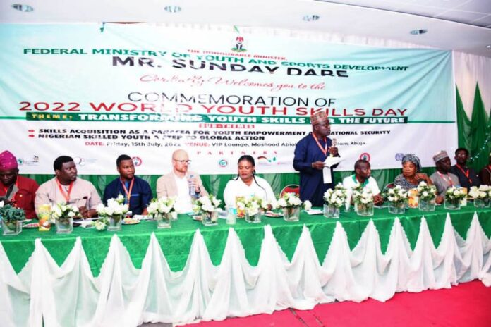 Representative of the Honourable Minister of Youth and Sports Development and Director; Enterprise Development and Promotion Department (EDP), Mr. Olugbenga Momoh addressing Nigerian Youth at the 2022 World Youth Skills Day held in Abuja over the weekend