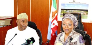 The newly appointed Minister of State, MNDA, Sharon Ikeazor with the Permanent Secretary, MNDA, Engr. Olufunso Olusesan Adebiyi FNSE during her reception ceremony in the Ministry.
