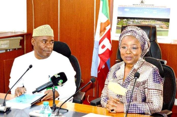 PIX Sharon 3 The newly appointed Minister of State, MNDA, Sharon Ikeazor with the Permanent Secretary, MNDA, Engr. Olufunso Olusesan Adebiyi FNSE during her reception ceremony in the Ministry.