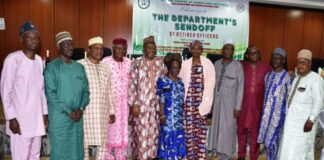 Permanent Secretary, Federal Ministry of Labour and Employment, Ms Kachollom S. Daju, mni (5th right); Head, Skills Development and Certification Department, Dr Tiza Chiila Shaakaa (5th left), and some of the retired officers of the department - Abuja