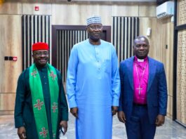 SGF, Boss Mustapha (M), outgoing President of Christian Association of Nigeria (CAN), Rev. Dr. Dasupo Ayokunle with incoming President of CAN, Archbishop Daniel Okoh