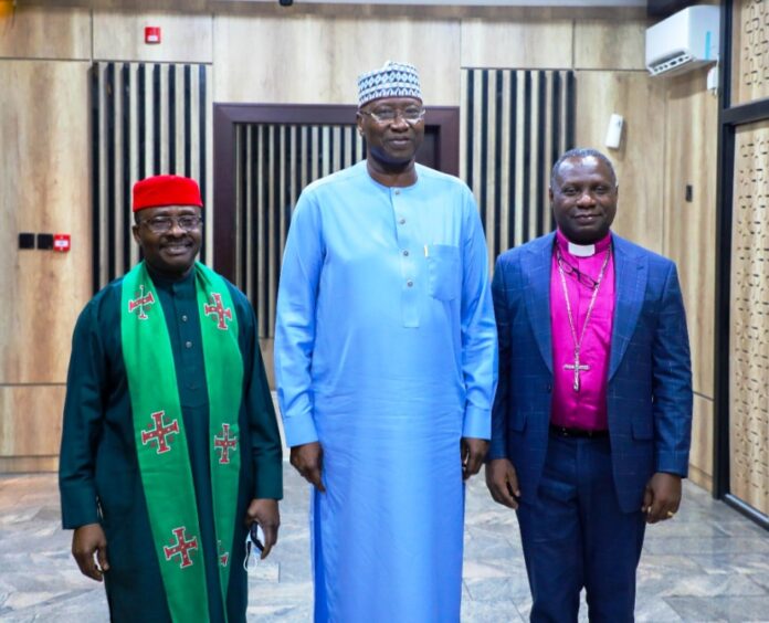 SGF, Boss Mustapha (M), outgoing President of Christian Association of Nigeria (CAN), Rev. Dr. Dasupo Ayokunle with incoming President of CAN, Archbishop Daniel Okoh SGF, Boss Mustapha (M), outgoing President of Christian Association of Nigeria (CAN), Rev. Dr. Dasupo Ayokunle with incoming President of CAN, Archbishop Daniel Okoh