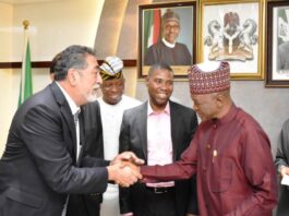 L- R, His Excellency, Mexican Ambassador, Mr Alfredo Miranda, having a hand shake with the Hon. Minister of Agriculture and Rural Development, Dr. Mohammad Mahmood Abubakar, during the courtesy visit in Abuja