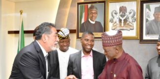 L- R, His Excellency, Mexican Ambassador, Mr Alfredo Miranda, having a hand shake with the Hon. Minister of Agriculture and Rural Development, Dr. Mohammad Mahmood Abubakar, during the courtesy visit in Abuja