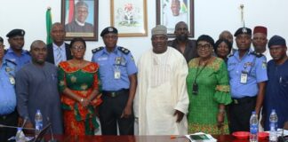 L-R: Assistant Director (Nigeria Police Trust Fund), Mustapha Adamu; Folarin Akinsanmi (OSGF/CDCU); ACP I.I. Anagbado; Ebei Esege (OSGF/CDCU); Director General Services (MPA), Mrs. Edemanya Ibilola Brayila; Director Finance and Accounts (MPA), Mr.Aondoakaa Emmanuel; Director, Police Service Department(MPA), Joseph O. Samuel; Commissioner of Police, Obe E. (CP Works); Head, Audit(MPA), Fagade Oloyede; CSP Samuel Emezurike (FCID); and Head, Press &Public Relations(MPA) Bolaji O. Kazeem during The inauguration/workshop of the Ministry’s Delivery Task Team at the Minister’s conference room at the headquarters of the Ministry of Police Affairs, Abuja