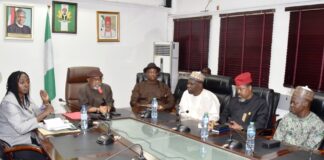 Honourable Minister of Labour and Employment, Dr Chris Ngige (2nd left); Minister of State, Labour, Festus Keyamo, SAN (3rd left); Permanent Secretary, Labour, Ms. Kachollom S. Daju, mni (left); Deputy President of NLC, Comrade Najeem Usman Yasin (3rd right); General Secretary, NLC, Comrade Emmanuel Ugboajah, mni (2nd right) during the meeting of NLC with the Ministers