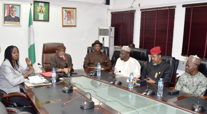 meeting of NLC with the Ministers Honourable Minister of Labour and Employment, Dr Chris Ngige (2nd left); Minister of State, Labour, Festus Keyamo, SAN (3rd left); Permanent Secretary, Labour, Ms. Kachollom S. Daju, mni (left); Deputy President of NLC, Comrade Najeem Usman Yasin (3rd right); General Secretary, NLC, Comrade Emmanuel Ugboajah, mni (2nd right) during the meeting of NLC with the Ministers