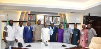 The Minister of Agriculture and Rural Development, Dr. Mohammad Mahmood Abubakar ( C), on his right hand side,the President, Cashew Association of Nigeria, Hon. Ojo Ajanaku and by his left, President of African Cashew Alliance, Otunoba Babatola Faseru, during the courtesy visit in Abuja.
