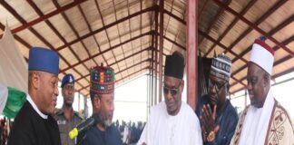 (Left) Director overseeing the office of the Permanent Secretary(EPO),Dr Famous Eseduwo, Honourable Minister of Environment, Barr. Mohammed Aliyu Ubandoma(Middle),Emir of Lafia, HRH, Retired Justice Sidi Bage in a photograph during the commissioning and handover ceremony at Angwan Rere, Local Government Lafia, Nasarawa state.