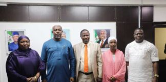 (1st left). Dr. Halima Mukaddas MD, NOFIC Ningi (2nd left) HMSH Hon. Joseph Ekumankama (3rd left) Dr. Dauda Katagum, MD FMC Azare (1st right) Dr. Noah rep. PSH (2nd right) Dr. Aishatu Armiya'u, MD FNPH Kaduna