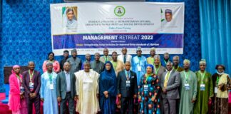 Front-Row) (6th Left) The Honourable Minster, Federal Ministry of Humanitarian Affairs, Disaster Management and Social Development, Sadiya Umar Farouq, (5th Left) The Permanent Secretary of the Ministry, Dr Nasir Sani- Gwarzo, mni, NPOM, (4th Left) Executive Secretary, National Commision for Persons with Disabilities, James Lalu, (6th Right) Director PRS FMHADMSD, Rapheal Obi, and other Directors of the Ministry and Heads of Agencies in a group photograph, during the opening ceremony of the 2-Day Management Retreat 2022, organized by the Ministry on the 25th of August, 2022, in Abuja.